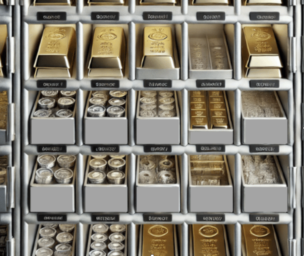 An image of a neatly organized shelving unit with individually labeled and locked compartments containing various types of precious metals, including gold bars and silver coins.