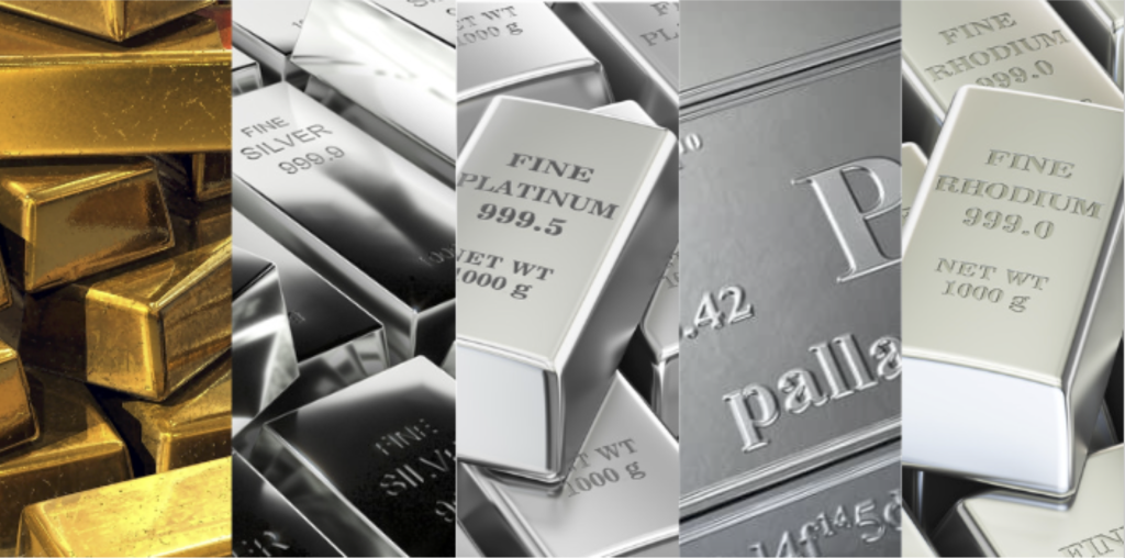 Storing Precious Metals Various bars of gold, silver, platinum, palladium and rhodium .